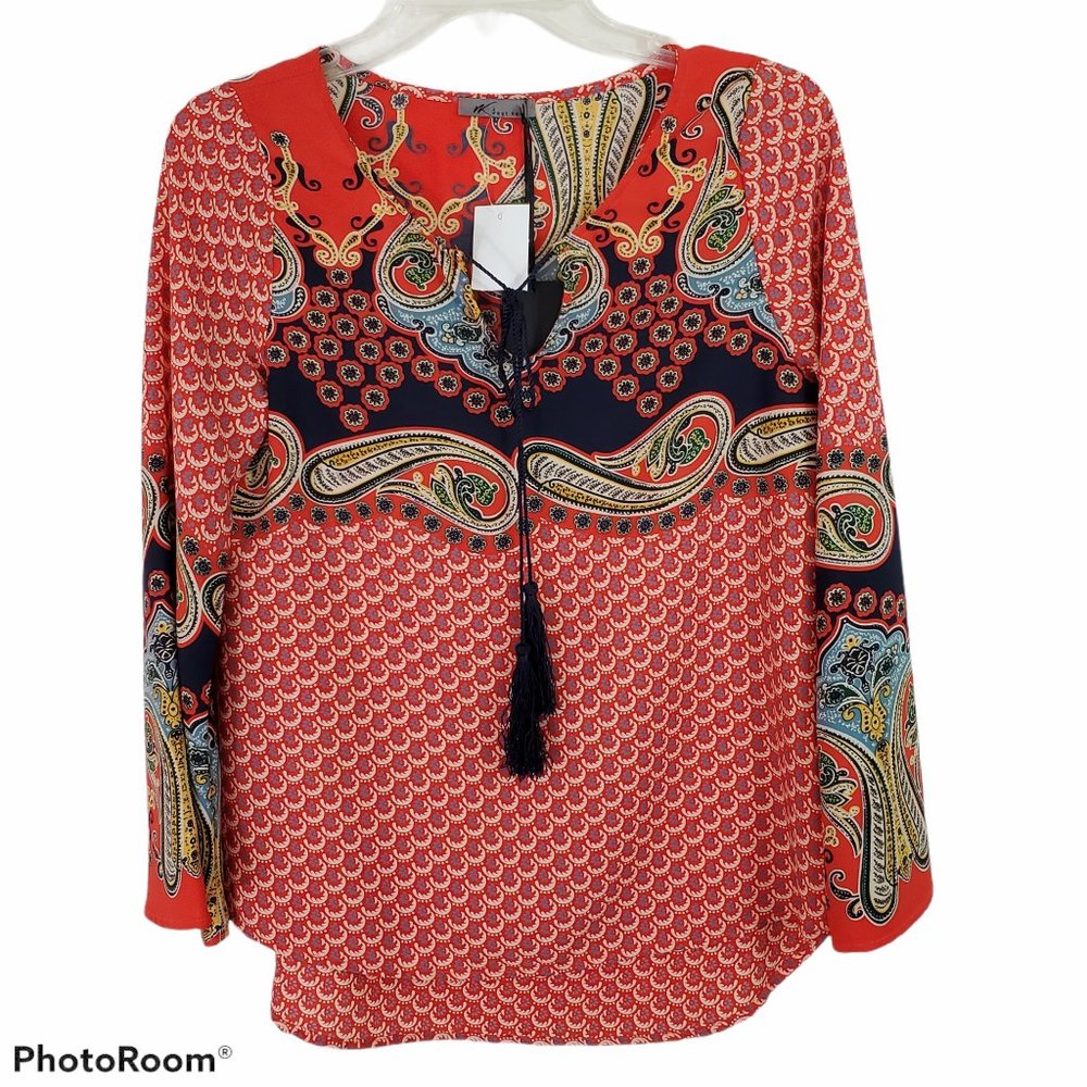 NWT West Kei Blouse Top Tassel Boho Flare Sleeve Peasant Red Small